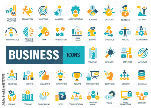 Business, data analysis, organization management and technology icon set. Teamwork, strategy, planning, marketing, cloud technology, data analysis, employee icon set. Icons vector collection