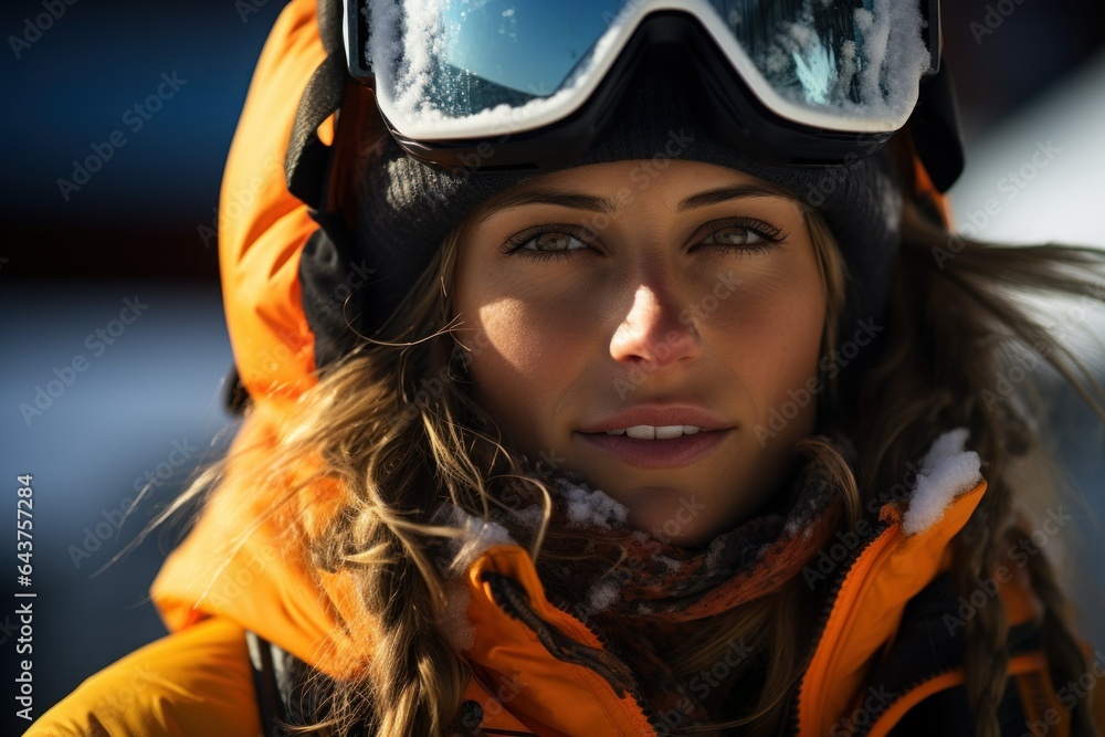 Portrait of a Female Skier in Full Skiing Gear