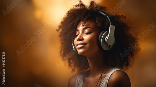 Black Woman beautiful wearing headphone Listen Music and happiness