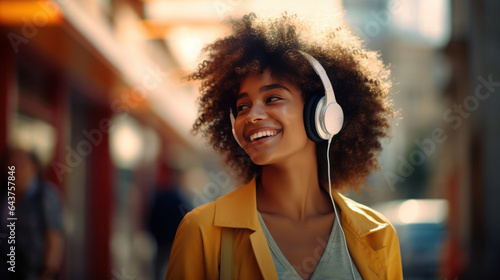 Black Woman beautiful wearing headphone Listen Music and happiness in the city modern © EmmaStock