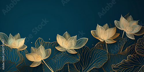 Golden lotus line arts on dark blue background luxury gold wallpaper design wedding background