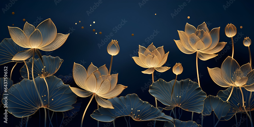 Golden lotus line arts on dark blue background luxury gold wallpaper ...