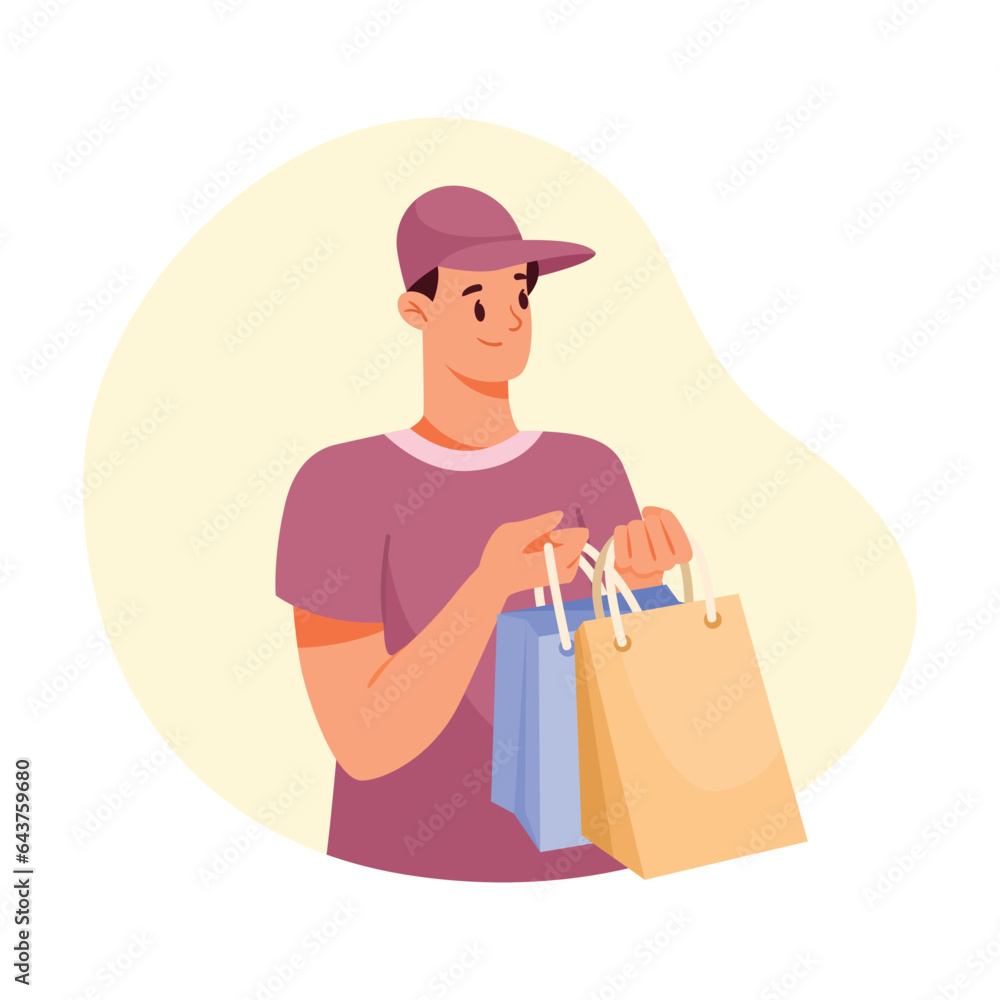 Man Delivery Courier in Cap Give Bags Vector Illustration Man Delivery Courier in Cap Give Bags Vector Illustration