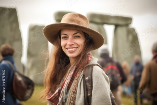 Medium shot portrait photography of a blissful girl in her 30s wearing a rugged cowboy hat at the stonehenge in wiltshire england. With generative AI technology