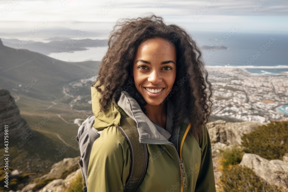 Environmental portrait photography of a blissful girl in her 40s wearing a water-resistant gilet at the table mountain in cape town south africa. With generative AI technology