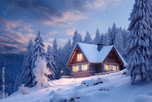 cozy wooden cottage light windows surrounded © FryArt Studio