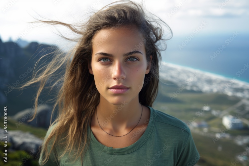 Close-up portrait photography of a blissful girl in her 20s wearing a technical climbing shirt at the table mountain in cape town south africa. With generative AI technology Close-up portrait photography of a blissful girl in her 20s wearing a technical climbing shirt at the table mountain in cape town south africa. With generative AI technology