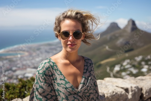 Medium shot portrait photography of a merry girl in his 30s wearing a trendy off-shoulder blouse at the table mountain in cape town south africa. With generative AI technology