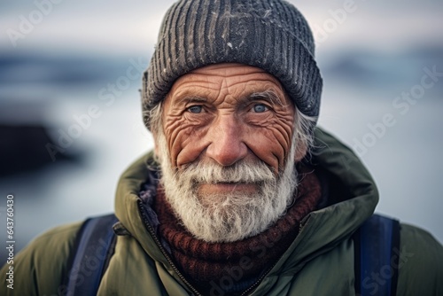 Close-up portrait photography of a happy old man wearing a trendy beanie at the blue lagoon in reykjavik iceland. With generative AI technology photo