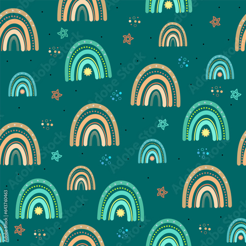 Minimalistic cute seamless pattern of scandinavian rainbows, sun, stars and dots. Vector illustration in green and beige tones on a deep green background. For textile, print decor, wallpapers, gift 