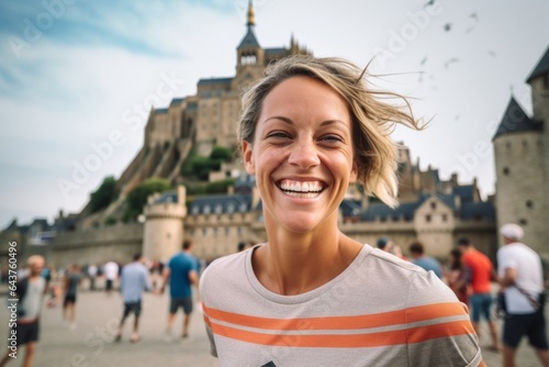 Close-up portrait photography of a joyful girl in her 40s wearing a high-performance basketball jersey at the mont saint-michel in normandy france. With generative AI technology