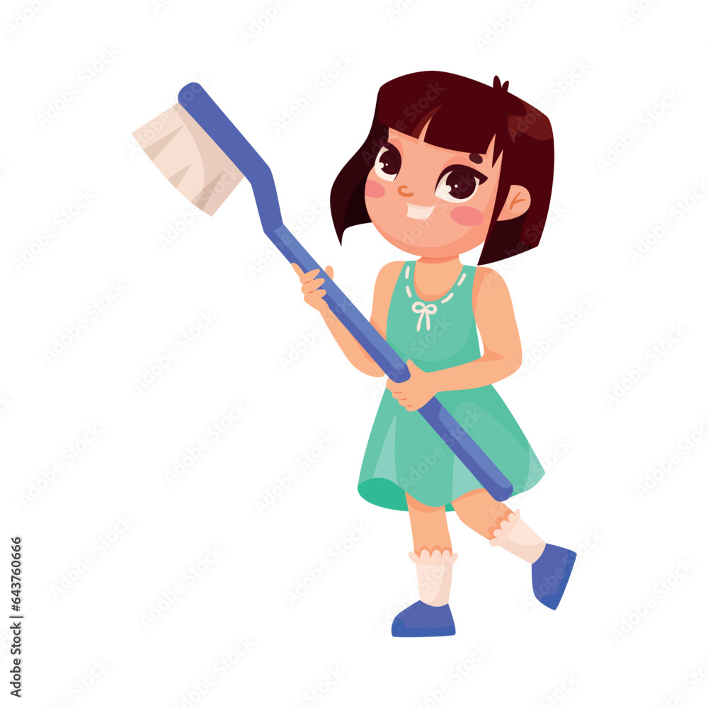 Dental Care with Little Girl Standing with Toothbrush Vector Illustration Dental Care with Little Girl Standing with Toothbrush Vector Illustration