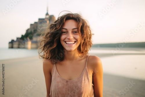 Medium shot portrait photography of a cheerful girl in his 30s wearing a lace bralette at the mont saint-michel in normandy france. With generative AI technology