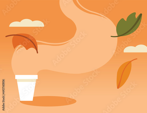 Pumpkin spice latte in a cozy, fall scene with colorful leaves.