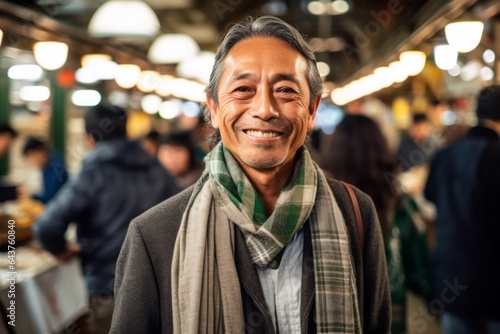 Environmental portrait photography of a happy mature man wearing a gorgeous silk scarf at the tsukiji fish market in tokyo japan. With generative AI technology