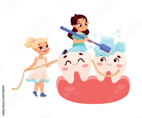 Dental Care with Little Girl Cleaning Big Tooth with Toothbrush and Toothpaste Vector Illustration