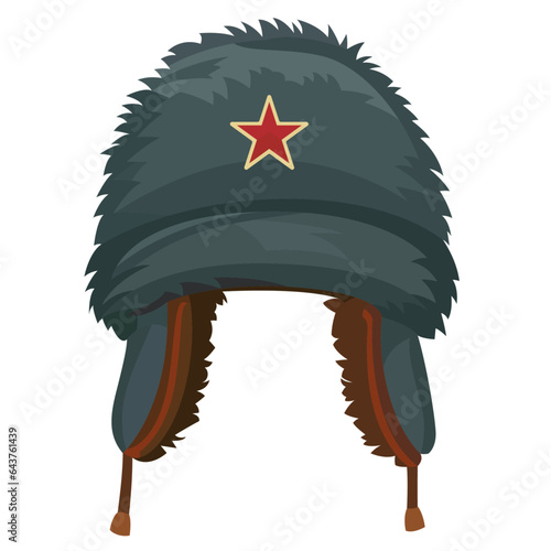 Ushanka Russian Hat flat style vector illustration, Ushanka hat, Russian fur hat with ear-covering flaps and a star badge stock vector image