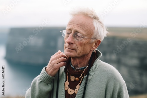 Photography in the style of pensive portraiture of a tender mature man wearing a whimsical charm necklace at the cliffs of moher in county clare ireland. With generative AI technology photo