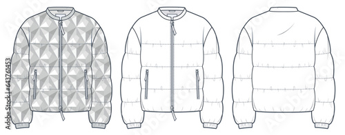 Down Jacket technical fashion Illustration, geometric print. Padded Jacket fashion flat technical drawing template, band collar, front and back view, white, grey, women, men, unisex CAD mockup set.
