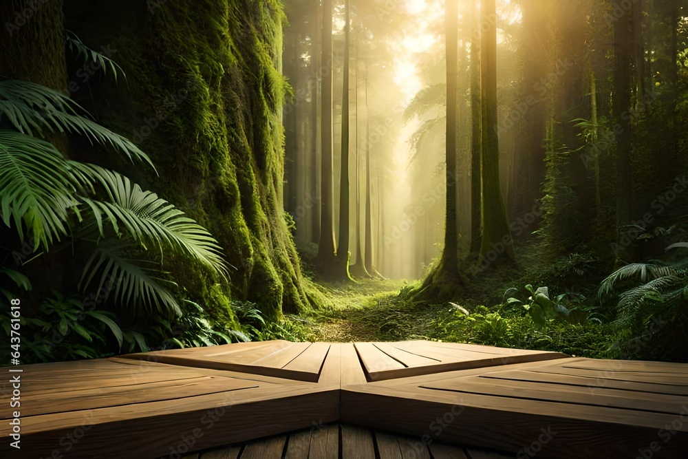  Immerse yourself in the tranquility of a forest hideaway, featuring a wooden bridge bathed in perfect lighting.  - obrazy, fototapety, plakaty 