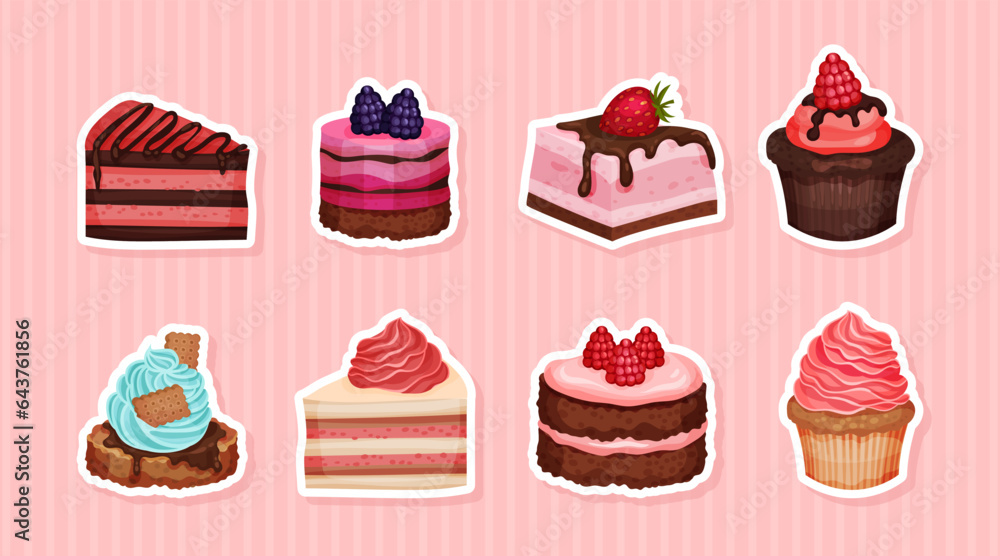 Delicious Dessert Food with Sweet Pastry Vector Sticker Set