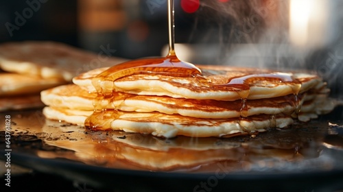 Close-up of a stack of pancakes being flipped on a seasoned griddle, capturing the mid-flip moment.  photo