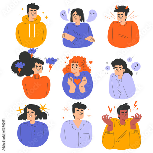 Emotions with Man and Woman with Different Facial Expressions Vector Set