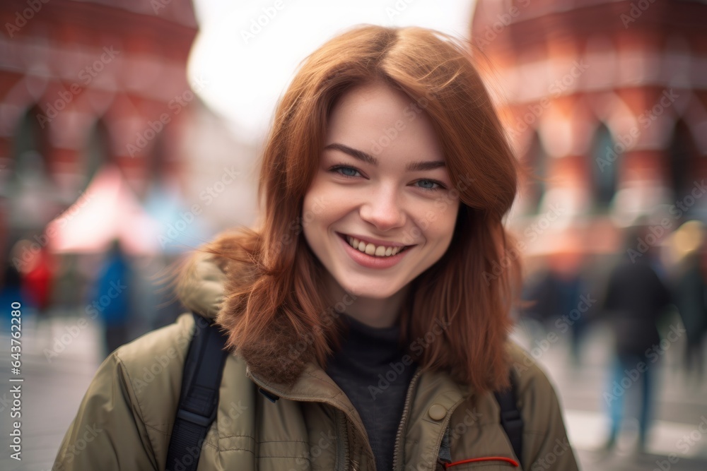 Close-up portrait photography of a grinning girl in her 20s wearing a trendy bomber jacket at the red square in moscow russia. With generative AI technology Close-up portrait photography of a grinning girl in her 20s wearing a trendy bomber jacket at the red square in moscow russia. With generative AI technology