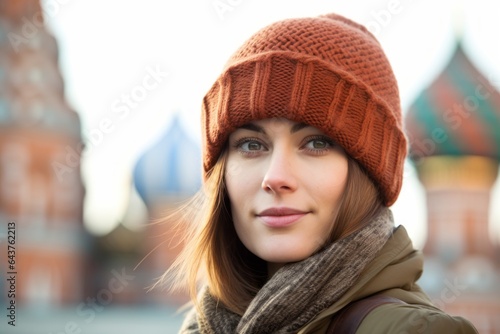 Photography in the style of pensive portraiture of a happy girl in her 40s wearing a warm wool beanie at the red square in moscow russia. With generative AI technology