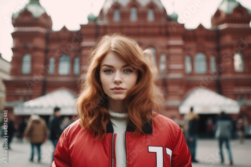 Lifestyle portrait photography of a tender girl in her 20s wearing a stylish varsity jacket at the red square in moscow russia. With generative AI technology