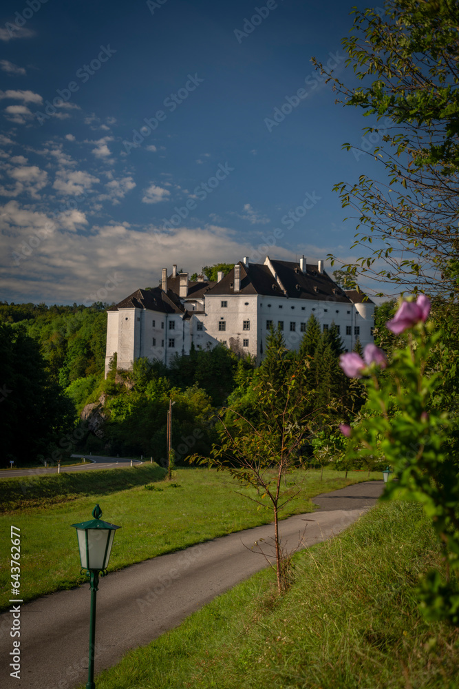 Fototapeta premium Leiben castle near Donau river valley in summer hot morning with blue sky