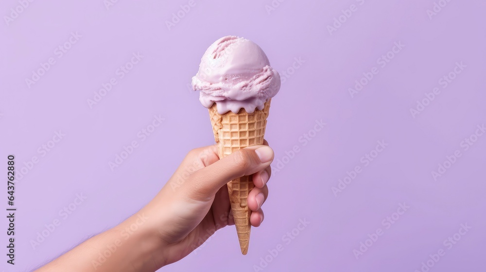 Hand holding yummy ice cream on plain background