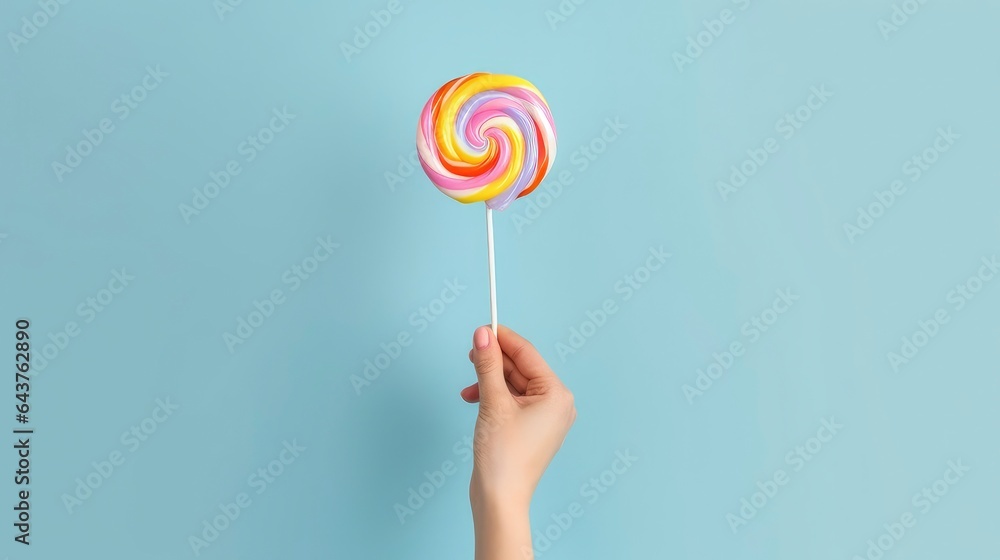 Hand holding yummy candy lollipop on plain background - obrazy, fototapety, plakaty 