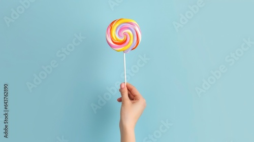 Hand holding yummy candy lollipop on plain background
