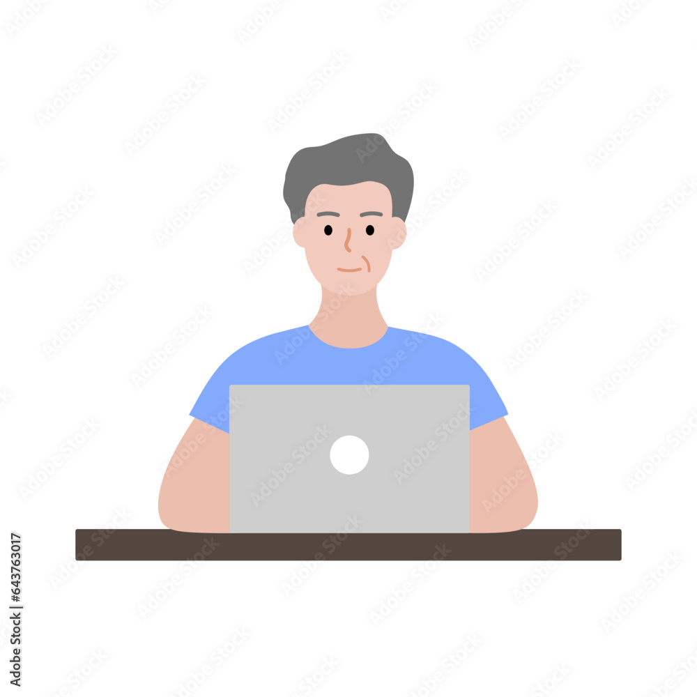 Smiling Elder Man sitting in front of laptop working. Remote distance, technology concept. Flat character vector design isolated illustration. Smiling Elder Man sitting in front of laptop working. Remote distance, technology concept. Flat character vector design isolated illustration.