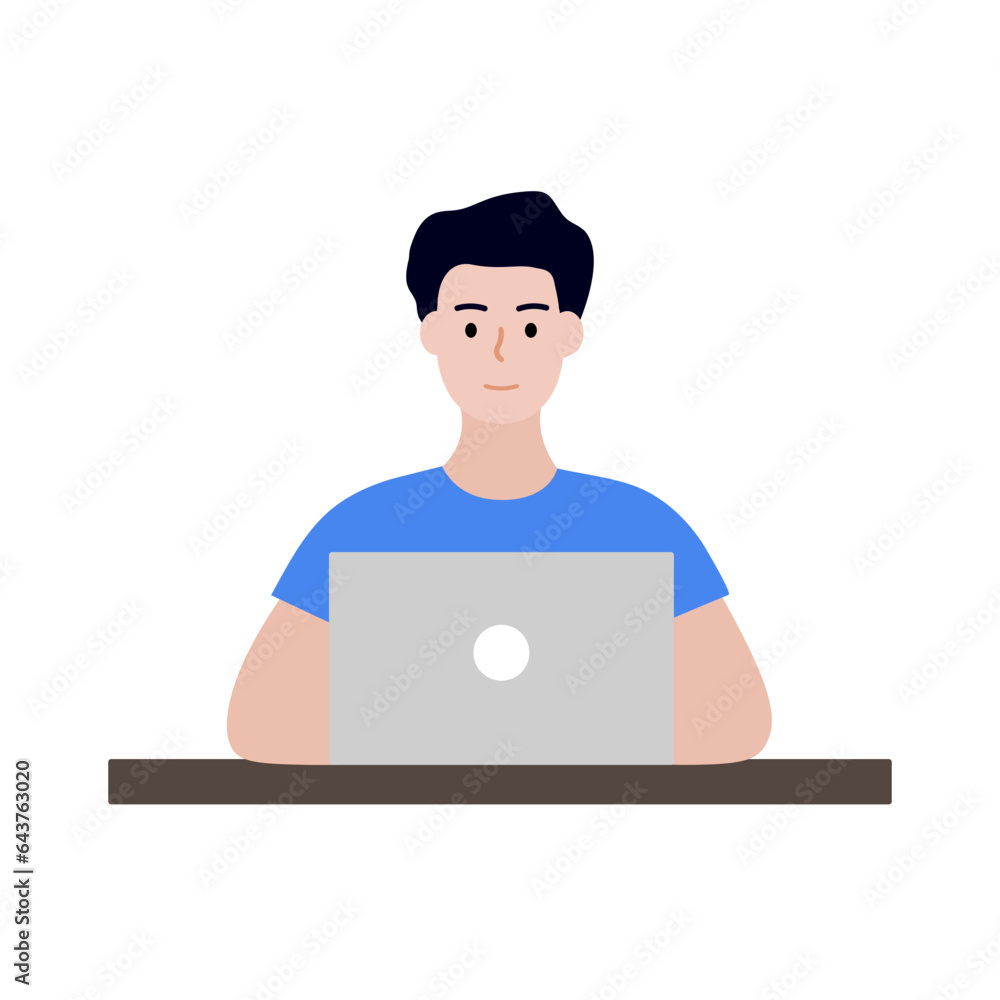 Smiling young man sitting in front of laptop working. Remote distance, technology, flexible schedule, freelance, online learning concept. Flat character vector design isolated illustration.
