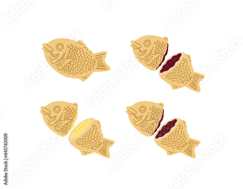 いろんな種類のたい焼き手描きカラーイラストアイコンセット