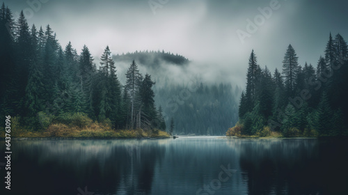 Minimalistic misty autumn landscape with lake and mystical trees.