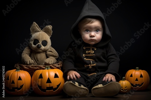 Baby in black costume is sitting near pumpkins