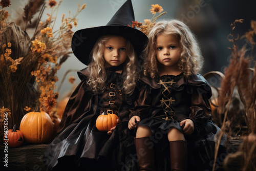 Two little cute blondy girl in witch costume. Halloween, holiday concept