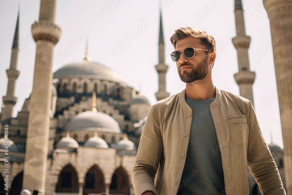 Naklejka premium Lifestyle portrait photography of a content boy in his 30s wearing a long-sleeved thermal undershirt at the blue mosque in istanbul turkey. With generative AI technology