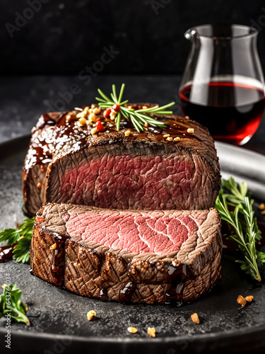 well prepared and beautifully cooked beef stake, juicy and tender.  pair it with your favorite sides, sauces, and a glass of wine for a complete and delightful meal., 