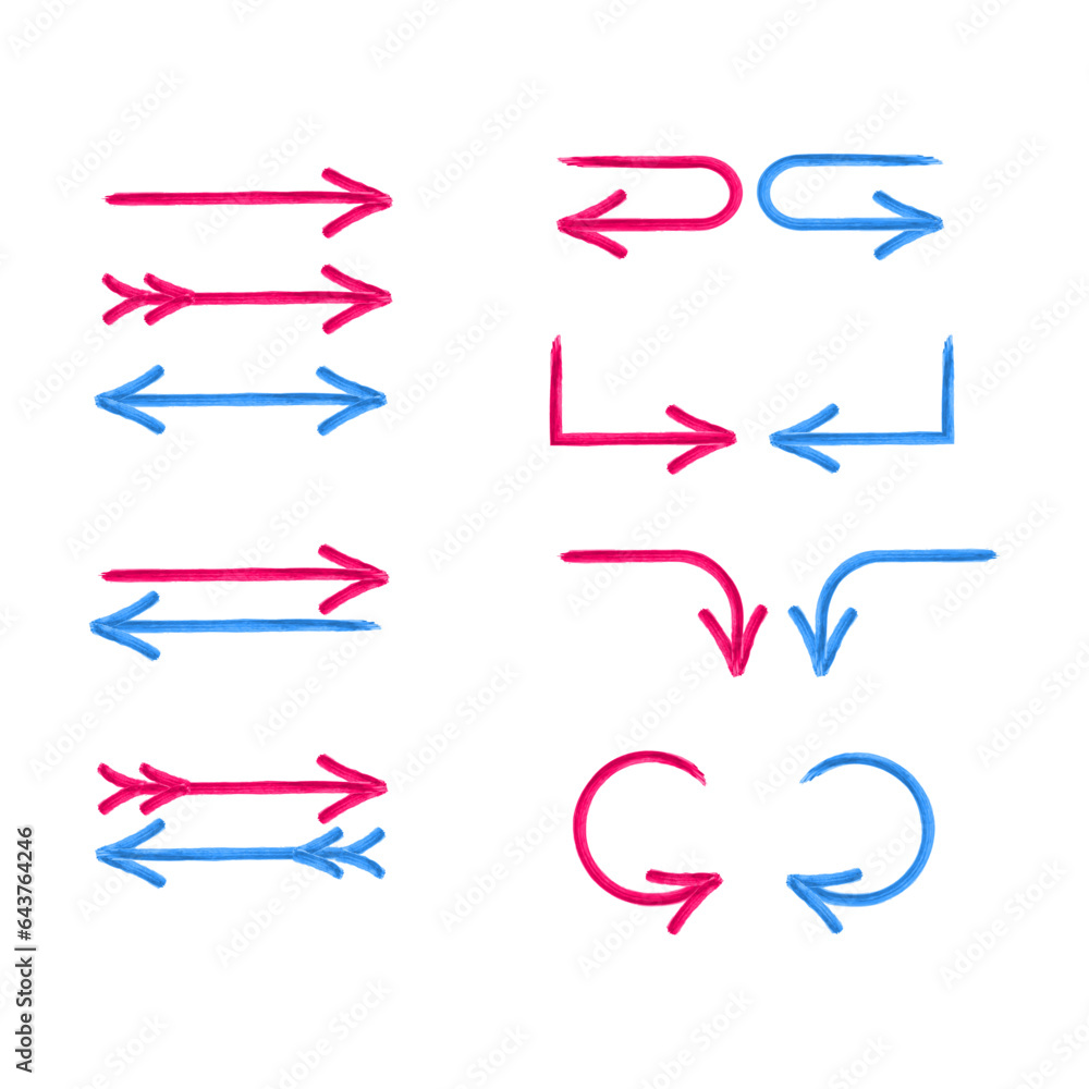 Collection of hand drawn red and blue arrows. Watercolor texture vector elements. Isolated on a white background. For infografic design, posters, banners. Collection of hand drawn red and blue arrows. Watercolor texture vector elements. Isolated on a white background. For infografic design, posters, banners.
