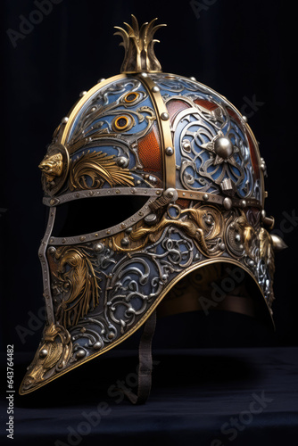 a medieval knight helmet isolated against a black background. 
