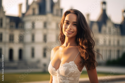 Environmental portrait photography of a grinning girl in his 20s wearing a lace bralette at the chateau de chambord in chambord france. With generative AI technology