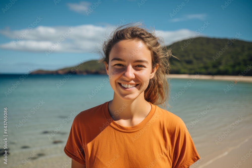 Photography in the style of pensive portraiture of a grinning girl in her 20s wearing a sporty polo shirt at the great barrier reef in queensland australia. With generative AI technology