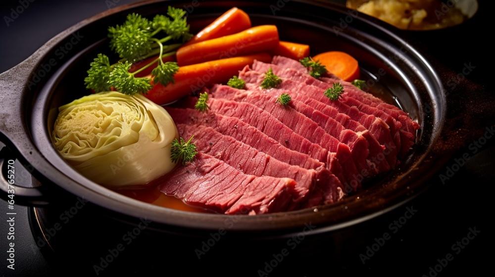 Close-up of tender and juicy Instant Pot corned beef, with cabbage and carrots, ready to be sliced. 