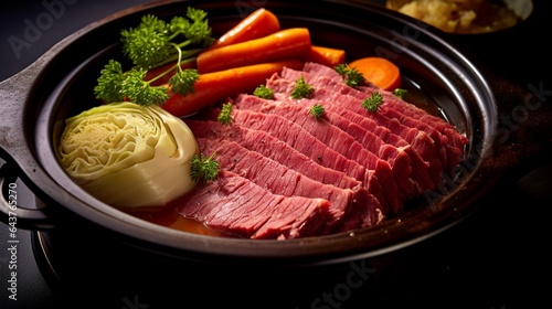 Close-up of tender and juicy Instant Pot corned beef, with cabbage and carrots, ready to be sliced. 