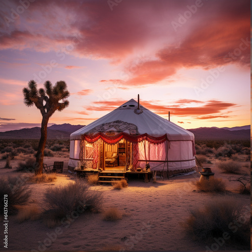 Tent in the desert at sunset