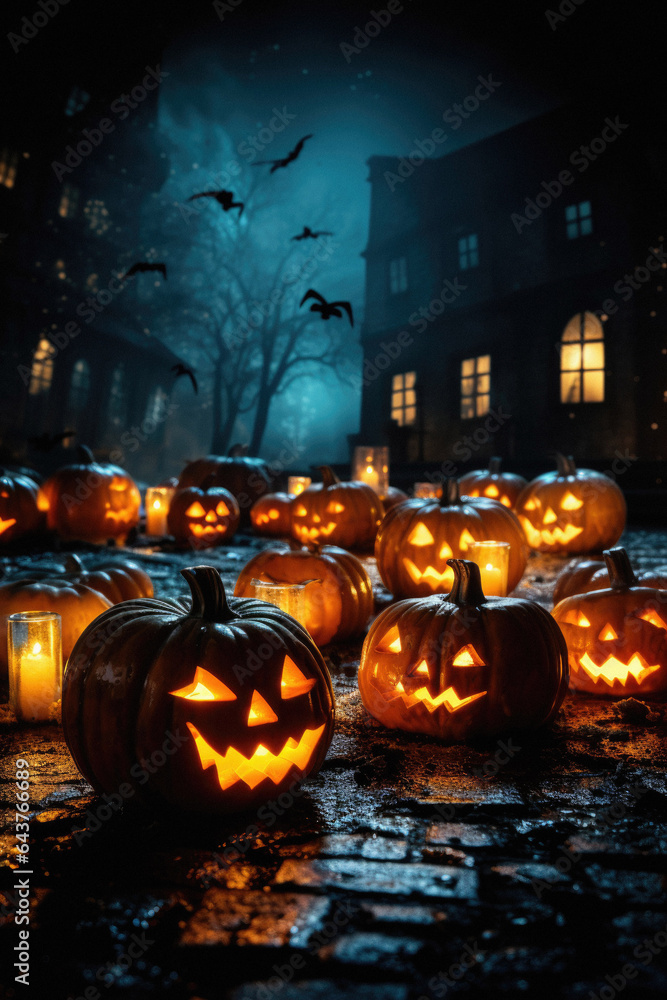 Fototapeta premium Happy Halloween background spooky scene, creepy dark night jack o lantern pumpkins and spooky graves on graveyard ghosts horror gothic evil cemetery landscape. Mysterious night moonlight backdrop.